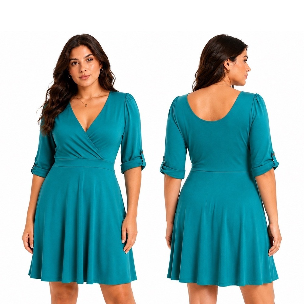 Express Fit and Flare Dress Women Medium Teal New 3/4 Sleeve Scoop Back Skater